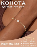 KOHOTA Silver Gold Bracelets for Women Trendy 14K Gold Plated Bracelet for Women Non Tarnish Dainty Stackable Clover Flower Heart Butterfly Diamond CZ Charm Station Bracelets Stack Jewelry Gifts - color: A: Clover-Gold