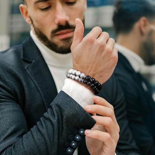 RANKEEF Tiger Eye Bracelet For Men 8MM Natural Stone Stretch Adjustable Black Crystal Beaded Bracelet for Men Women Gifts - color: 2,gray,black