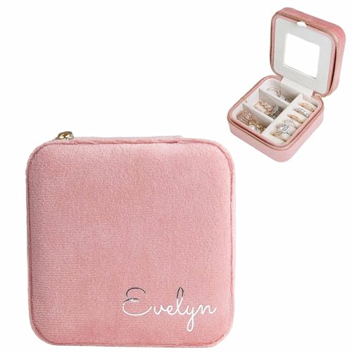 Customizable Compact Velvet Jewelry Box with Mirror, Travel Jewelry Case, Travel Jewelry Organizer, Jewelry Box for Women and Girls, Small Jewelry Organizer (Bottom Right Text, Coral Pink) - color: Coral Pink, size: Bottom Right Text Only