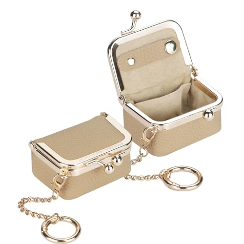 Royal Bagger Genuine Cow Leather Mini Jewelry Box Women's Coin Purse Solid Color Kiss Lock Change Pouch Casual Style Small Storage Bag for Women 1894 (Milk Tea with Chain) - color: Milk Tea with Chain