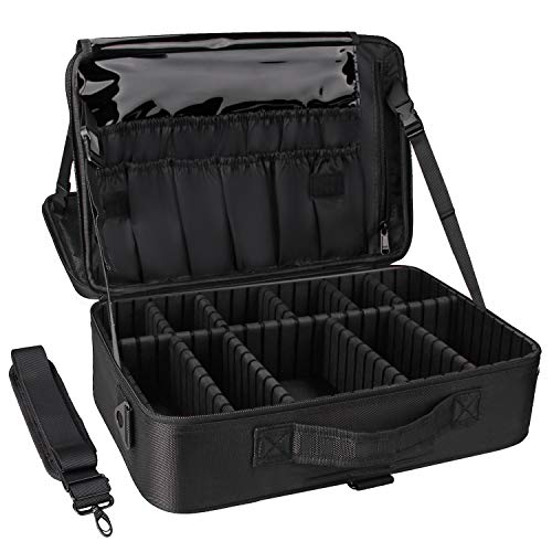 Relavel Travel Makeup Train Case Cosmetic Case Organizer Portable Artist Storage Bag with Adjustable Dividers for Cosmetics Makeup Brushes Toiletry Jewelry Digital Accessories - color: Black, size: Large