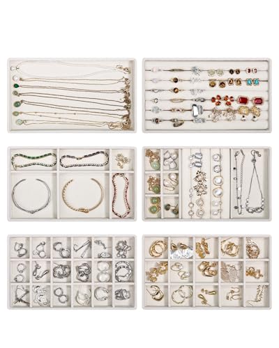 Stackable Jewelry Organizer Trays with Removable Dividers, 6-Tray Beige Jewelry Drawer Organizer Set for Earrings, Necklaces, Rings & Bracelets Gift for Her - size: 6 Layers