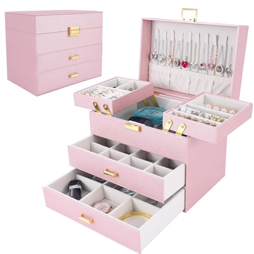 Dajasan Jewelry Organizer Box, Large Jewelry Boxes for Girls, Space-Saving 4 Layers Jewelry Storage Case with Drawer, Gift for Women, Movable Metal Stand, Modern (Pink+ Gold) - color: Light Pink + Gold