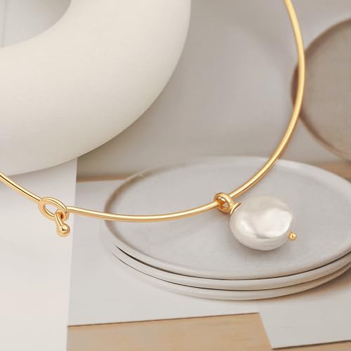 Aobei Pearl 18K Gold Plated Cuff Choker Necklace for Women Chunky Wire Chain Collar Jewelry - style: Round Wire Coin Pearl