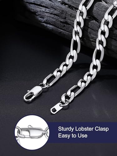 Bandmax Stainless Steel Figaro Chain Necklaces for Men Women, Silver/Gold/Black 4MM/6MM/9MM Flat Italian Style Figaro Link Chains Length 14"-30", Gift Packed - color: 03 9MM-Silver, size: 26 Inch