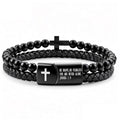 Mens Bracelet Fathers Gifts Day Black Braided Leather Stainless Steel Cross Jewelry Charming Bracelet Embedded with Black Agate Beads,Perfect for Wedding, Parties, and Everyday,Bible Verse Christian Religious Gift(7.5/8.5/9 Inch) - color: D+black+8.5
