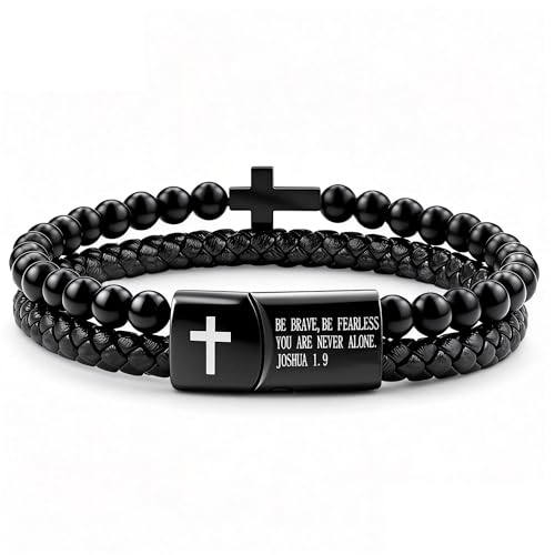 Mens Bracelet Fathers Gifts Day Black Braided Leather Stainless Steel Cross Jewelry Charming Bracelet Embedded with Black Agate Beads,Perfect for Wedding, Parties, and Everyday,Bible Verse Christian Religious Gift(7.5/8.5/9 Inch) - color: D+black+8.5