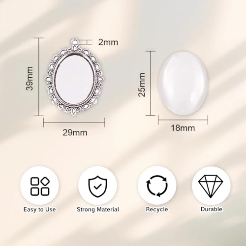 20Pcs Photo Charms Cabochon Blanks Set 10Pcs Large Oval Pendant Trays with 10 Glass Cabochons for Memorial Jewelry Making Bridal Bouquet Charms DIY - color: silver
