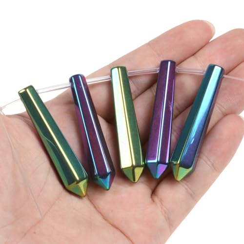 50mm Metallic Rainbow Coated Hematite Hexagonal Wand Jewelry Making Crystal Pointed Chakra Reiki Healing Beads 2mm Hole Drilled(Pack of 5) - color: Metallic Rainbow Coated Hematite