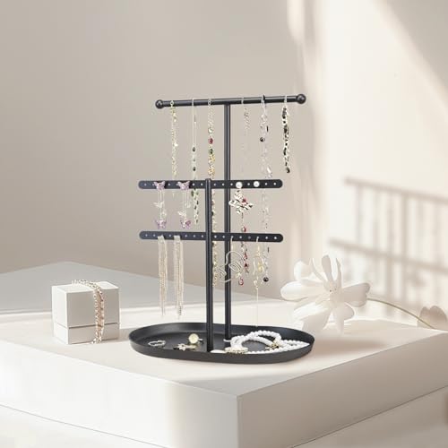 Saydear Elegant Jewelry holder Organizer 2-Tier Display Storage Stand for Earrings Necklaces with Ring Tray Spacious and Durable, Easy to Assemble Black - color: Black
