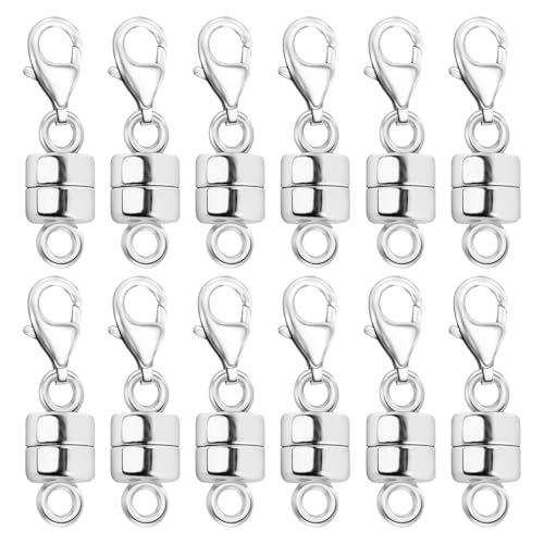 Magnetic Necklace Clasp with Lobster Clasp 18K Gold and Silver Magnetic Jewelry Clasps for Necklaces Extender Bracelet Clasps and Closures - color: 12Pcs Silver