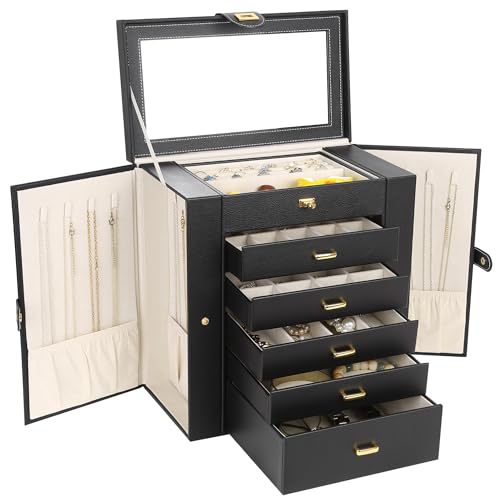 Kendal Extra Large Jewelry Box Jewelry Case PU Leather 6 Tier 5 Drawers Large Storage Capacity with Mirror Jewelry Storage Organizer Great Gift Also Good For Watches LJC-SHD5BK (black) - color: Black, size: Extra-Large(12.7"x12"x6.7")