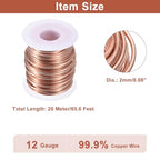 uxcell Soft Copper Wire (12 Gauge, 65.6 FT), 99.9% Pure Bare Copper Wire 2mm Solid Craft Wire for DIY Crafting Gardening Decoration (20Meter) - size: 12 Gauge x 65.6 FT