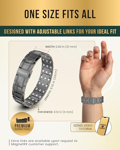 MagnetRX® 3X Strength Magnetic Bracelets for Men – Effective Magnetic Mens Titanium Bracelet – Premium Fold–over Clasp & Adjustable Length with Sizing Tool & Gift Box (Gunmetal) - color: Gunmetal (3X Strength)