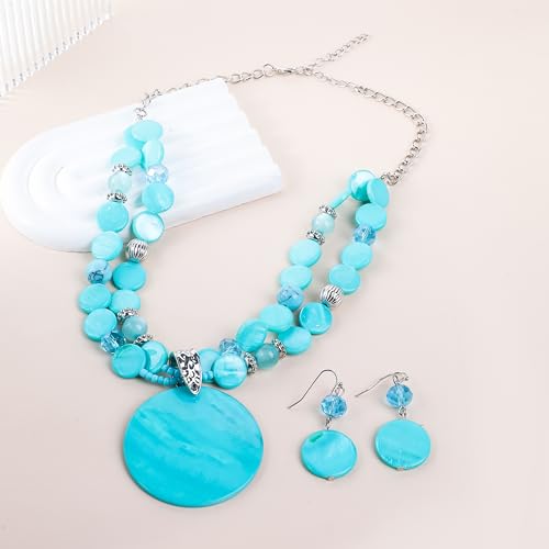 Layered Beads Statement Fashion Necklace Chunky Jewelry Set Big Colorful Glass Stone Circle Shell Pendant Choker Necklace and Earring Set for Women - color: Turquoise