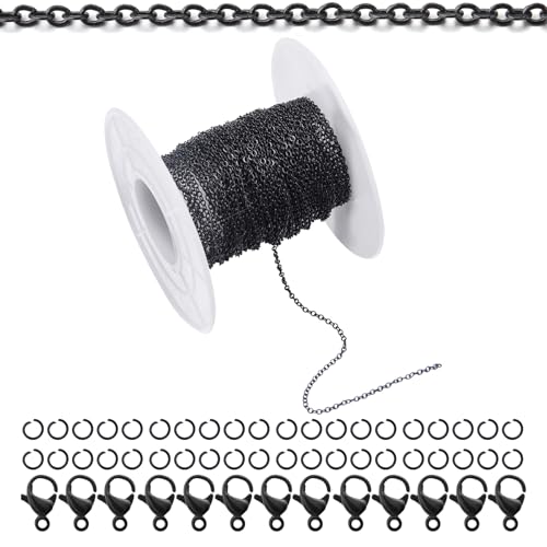 66Feet Black Stainless Steel Necklace Chains Cable Link Chains for Jewelry Making DIY Craft Kit with Lobster Clasps Jump Rings - color: 66Feet-Black, size: 1.5mm