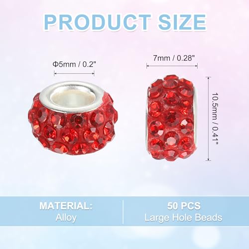 uxcell 50Pcs European Large Hole Beads, Rhinestone Craft Bead Crystal Charm Spacer Beads for Pens Bracelet Making Necklace DIY Craft, Red - color: Red