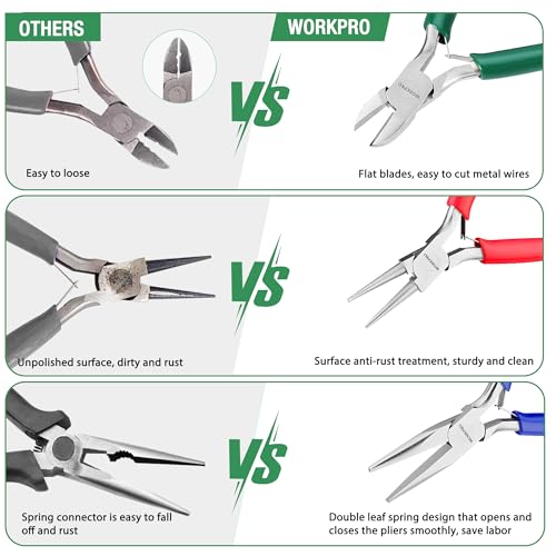 WORKPRO Jewelry Pliers Set, 3 Pack Jewelry Making Tool Kit- Needle Nose Plier/Chain Nose Plier, Round Nose Plier and Wire Cutter for Charm Bracelet, Jewelry Repair, DIY Crafts, Jewelry Making Supplies - color: Dark Blue, Dark Green, Red
