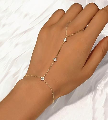 YEEZII Gold Hand Chain Bracelets for Women, 2 Pcs 14k Gold Plated Cubic Zirconia Link Chain Bracelet Set, Trendy ring bracelet hand chain Jewelry for Her - color: Gold-F