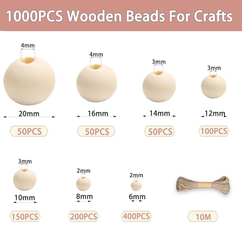 1000pcs Wooden Beads for Crafts 7 Sizes Natural Unfinished Bulk Beads for Garland Macrame Jewelry Making & DIY Farmhouse Decor - size: Mix-Sizes