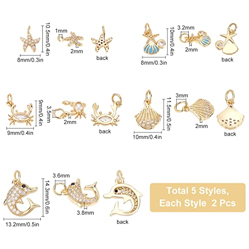 SUNNYCLUE 1 Box 10Pcs 5 Styles Shell Charms Starfish Charm Micro Pave Cubic Zirconia Pendant Brass Dolphin Ocean Pendants for Jewelry Making Charms Keychain Earring Necklace DIY Crafting Accessories - color: Micro Pave Cubic Zirconia Charms