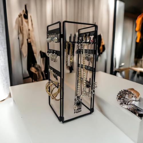 Jewelry Holder, Jewelry Organizer, folding 3 piece Jewelry Display Stand with Metal Frame, Necklace Earring Bracelet Holder, for Studs, Rings, Gift Idea, Gold, Silver, Black Color (BLACK) - color: BLACK