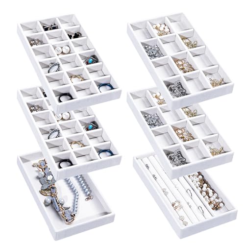 Frebeauty Jewelry Organizer Tray,Stackable Velvet Jewelry Trays,Drawer Inserts Earring Organizer For Women Jewelry Storage Display Case for Rings Stud Necklaces,Set of 6(White) - color: White, size: Set 6
