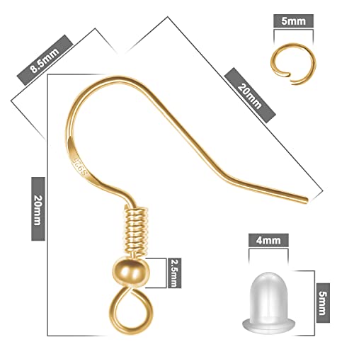 925 Sterling Silver Earring Hooks, 750PCS Gold Earring Hooks Kit 250PCS/125Pairs Hypoallergenic Ear Wires Fish Hooks with 250 PCS Gold Open Jump Rings and 250PCS Rubber Ear Backs for Jewelry Making - size: 750pcs-gold