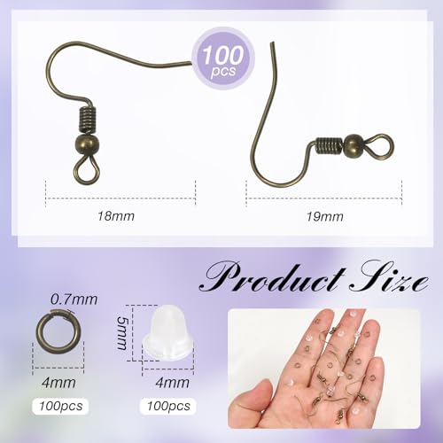 TOAOB 300pcs Earring Hooks Kits Antique Bronze French Ear Wires with Ball and Coil 18mm Fish Hook Earring Making Supplies with Jump Rings and Clear Silicone Ear Backs for DIY Jewelry Findings - color: Antique bronze