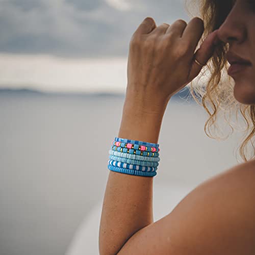 Ornaland 7Pcs Handmade Polymer Clay Heishi Surfer Stretch Bracelets Set Colorful Glass Beads Bracelets Boho Stackable Preppy Bracelets Wrist Jewelry for Women - color: light blue