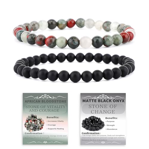 NCB 2.3-Piece 4mm Natural Crystal Gemstone Stretch Bracelets – Handmade Reiki Energy Healing Jewelry for Meditation,Yoga, Unisex - color: 2PCS ( African Bloodstone+Matte Black Agate ), size: 6mm