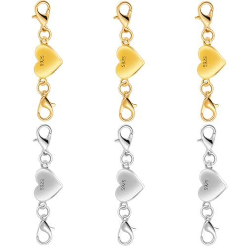 925 Silver Heart-Shaped Magnetic Necklace Clasps and Closures, Magnetic Clasp Converter for Jewelry Making Supplies,Chain Extender Connector for Necklace Bracelet (3gold + 3silver) - color: 3gold + 3silver