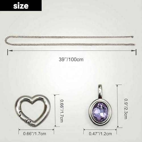 Heart Slip Chain Necklace for Women, 39 Inch Cuban Chain, Removable Heart O-Ring, Crystal Pendant, Adjustable Stainless Steel Y-Necklace - color: Silver-Purple