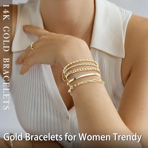 Gold Bracelets Set for Women Stack, Chunky Thick Bracelets Stack for Women Trendy, Simple Dainty Thin Gold Plated Cuff Stackable Bracelets With Beaded Cuban Paperclip Snake Rope Bangle Hand Chain Jewelry - style: Style 06-gold