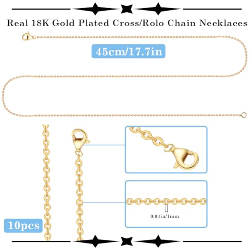 Beebeecraft 10Pcs 1mm 18K Gold Plated Cable Chains Set 17.7in Necklace Chains with Lobster Clasps for DIY Supplies Dangles Pendant Necklaces Jewelry Making - color: Gold 10pcs