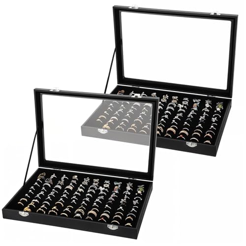 2 Pcs 100 Slots Ring Organizer Box with Transparent Glass Lid, Velvet Jewelry Display Case for Rings, Necklaces, Earrings Storage, Black