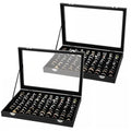 2 Pcs 100 Slots Ring Organizer Box with Transparent Glass Lid, Velvet Jewelry Display Case for Rings, Necklaces, Earrings Storage, Black