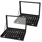 2 Pcs 100 Slots Ring Organizer Box with Transparent Glass Lid, Velvet Jewelry Display Case for Rings, Necklaces, Earrings Storage, Black