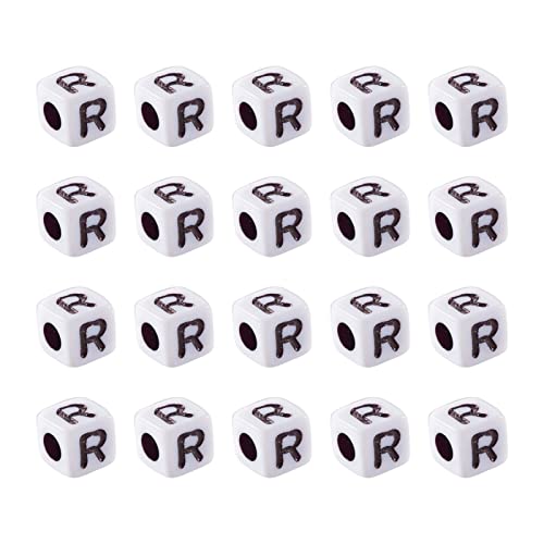 KISSITTY 240pcs Opaque Acrylic Letter R Cube Beads Bulk White Plastic Alphabet Loose Spacer Square Beads 4-5mm for DIY Name Bracelet Necklace Jewelry Crafts Making Hole: 1.8mm - color: Letter R#White and Black