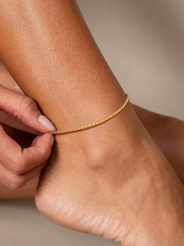 U7 Women Girls Barefoot Jewelry 18K Gold or Rose Gold Stainless Steel Heart/Rope/Figaro/Cuban Chain Anklet Foot Bracelet, 25-30 CM Long - color: Gold Plated-3mm-Wheat Chain
