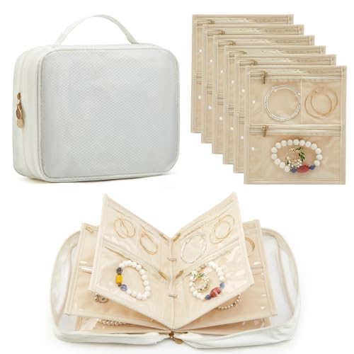 Travel Jewelry Organizer Case, Jewelry Storage Bag with 6-Pack Ring Binder, Clear Zipper Velvet Pouches for Traveling, Storing Jewellery, Earrings, Rings, Necklace, Bracelet (Beige) - color: Beige