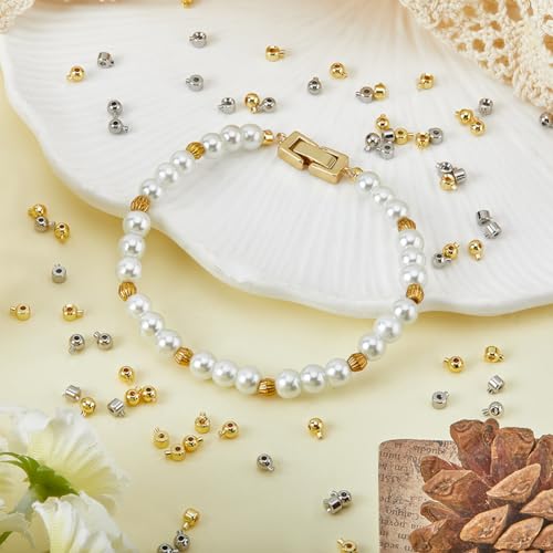 Beebeecraft 1 Box 100Pcs Crimp Beads for Jewelry Making 18K Gold & Platinum Plated Spacer Beads Ball Column Stopper Crimp Charms for Bracelet Necklace Ends Accessories - color: Tube & Round