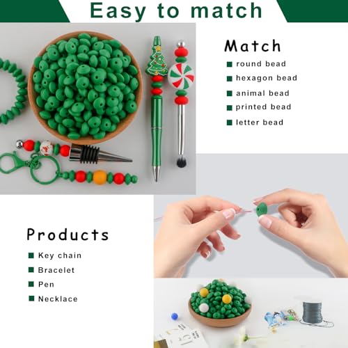 Sunrony 200Pcs Silicone Lentil Beads for Keychain Making, Bulk 12mm Silicone Abacus Spacer Beads for Necklace Bracelet Making Pens (Christmas Green) - color: D-Christmas green