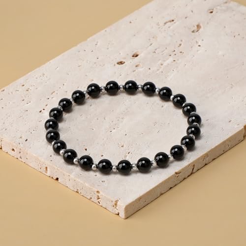 QOGIR 14k gold Handmade Healing Bracelet, Natural Gem Stone Crystal Elastic Gold Bracelet - color: Black Onyx Silver - Protecting and Grounding, size: 6m