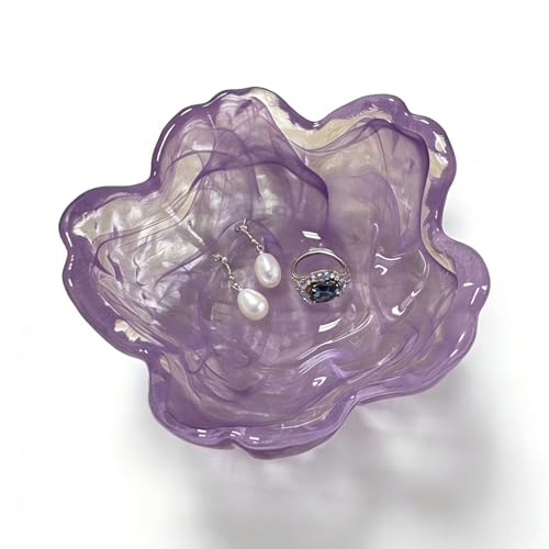 Flower Ring Dish Jewelry Tray, Glass Jewelry Dish Tray, Aesthetic Room Decor Small Trinket Dish, Nightstand Ring Holder Dish, Bathroom Jewelry Plate Bowl for Earrings (Watercolor Violet Purple) - color: Watercolor Violet Purple