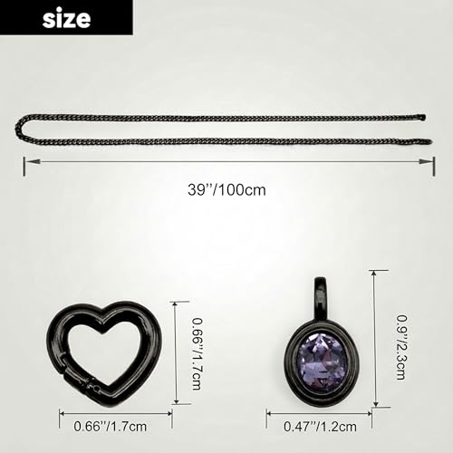Heart Slip Chain Necklace for Women, 39 Inch Cuban Chain, Removable Heart O-Ring, Crystal Pendant, Adjustable Stainless Steel Y-Necklace - color: Black-Purple