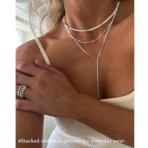 3PCS Gold Necklaces for Women,Chunky Statement Gold Plated Necklace Stack Layered Sterling Silver Herringbone Chains for Women Dainty Trendy Silver Chains Stacked Jewelry Gifts - color: silver Y-necklace set