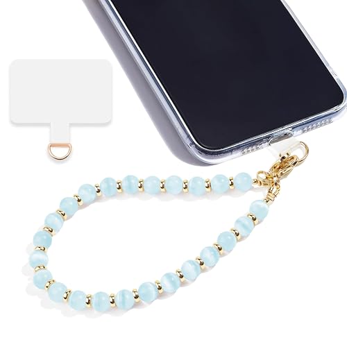 Marble Beaded Phone Wrist Strap,Detachable Phone Bracelet Strap with Tether Tab,Hands-Free Wristlet Strap (Sky Blue Cat's Eye) - color: Sky Blue Cat's Eye
