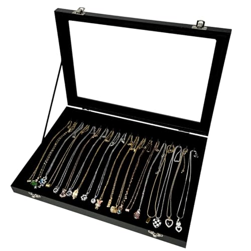 Black Velvet 20 Hooks Necklace Organizer Box with Clear Lid Necklaces Holder Storage Display Tray for Drawer Organization for Women Girls - color: Necklace