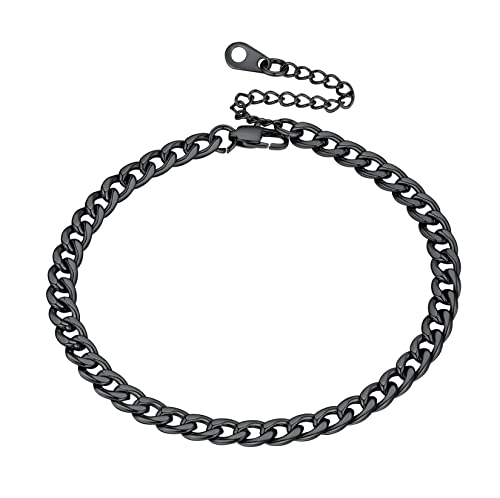 U7 Women Girls Barefoot Jewelry 18K Gold or Rose Gold Stainless Steel Heart/Rope/Figaro/Cuban Chain Anklet Foot Bracelet, 25-30 CM Long - color: Black-5mm-Cuban Chain